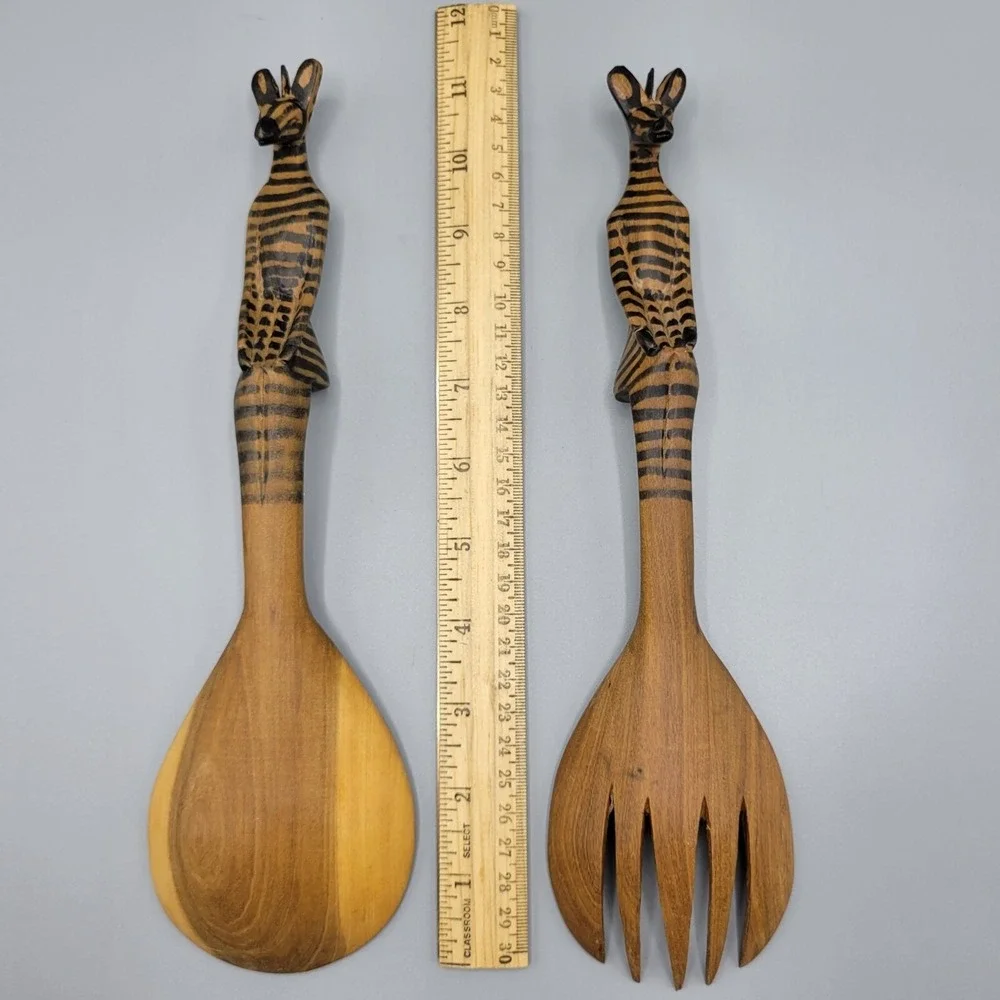 Hand Carved Wooden Sitting Zebra Salad Server Set Spoon & Fork